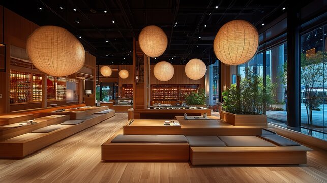 The interior of a modern Japanese restaurant combines traditional elements with contemporary design.