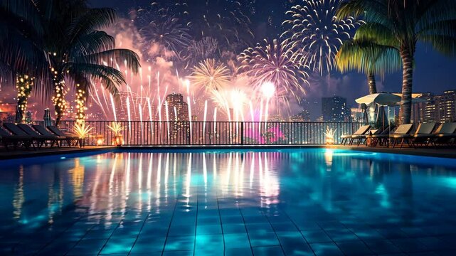 A rooftop pool with palm trees and lounge chairs offers a beautiful view of fireworks exploding over the city skyline on a warm summer night