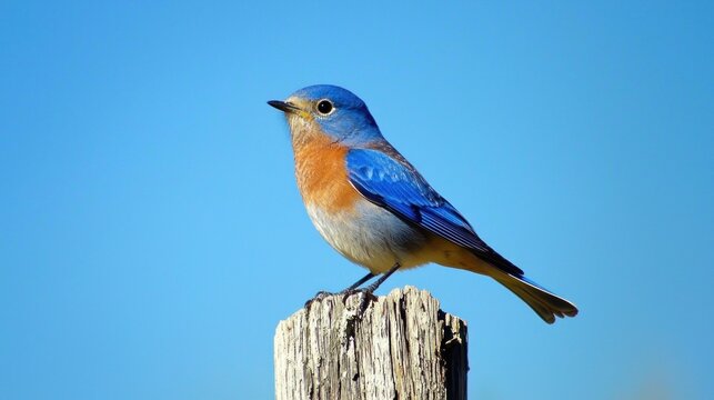 Eastern Bluebird: An Eastern bluebird perched on a wooden fence post, with a bright blue sky background.