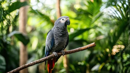 Obraz premium African Grey Parrot: An African grey parrot perched on a branch in a tropical setting.