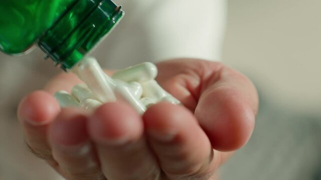 Close-up of man pouring white capsules from green bottle into hand. Person is taking pills or vitamins. Concept of supplements, medicine or health care