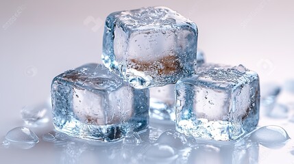 Obraz premium Three transparent ice cubes are stacked on a white background in close-up.