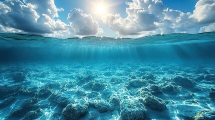 Tropical ocean water above a seabed shines under the summer sun.