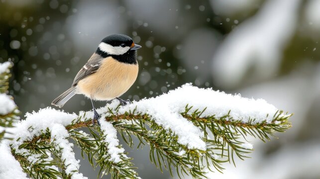 Black-capped Chickadee: A black-capped chickadee clinging to a snow-covered pine branch.