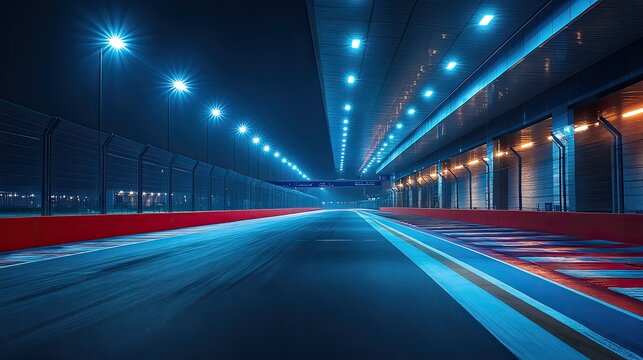 Under blue lights, a race track is illuminated.