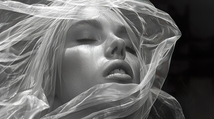 Fototapeta premium Woman's Face Covered in Veil - Monochromatic Portrait Photography