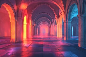 Naklejka premium Mystical Arched Hallway with Vivid Colors and Reflections