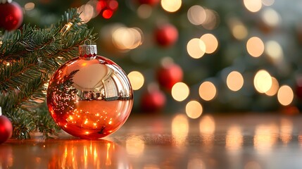 Christmas Ornament with Bokeh Lights and Pine Branches