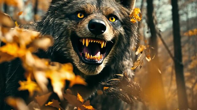 A fierce wolf with glowing eyes snarls from the shadows of an autumn forest, its sharp teeth bared in a primal display of power.