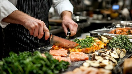 Professional Chef Preparing Salmon and Vegetables in a Kitchen