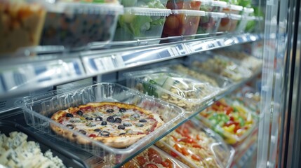 Pizza and Salad in a Grocery Store Display