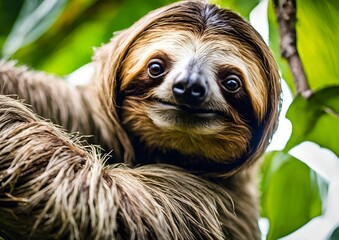 A funny sloth hangs from a tree branch, sporting a cute expression as it scratches its belly&mdash;a perfect portrait of wildlife in the lush rainforests of Costa Rica.