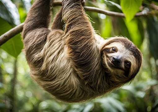 A funny sloth hangs from a tree branch, sporting a cute expression as it scratches its belly&mdash;a perfect portrait of wildlife in the lush rainforests of Costa Rica.