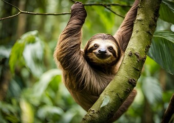 Naklejka premium A funny sloth hangs from a tree branch, sporting a cute expression as it scratches its belly—a perfect portrait of wildlife in the lush rainforests of Costa Rica.