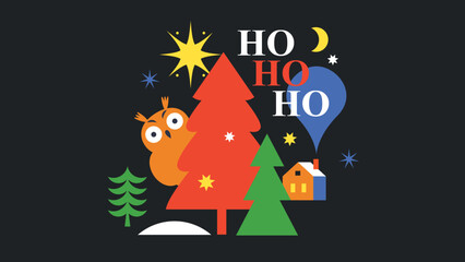 Christmas Card, Christmas illustration in geometric decorative  style, banner template, an owl peeks out from behind a tree