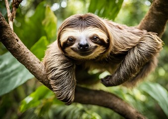 A funny sloth hangs from a tree branch, sporting a cute expression as it scratches its belly&mdash;a perfect portrait of wildlife in the lush rainforests of Costa Rica.