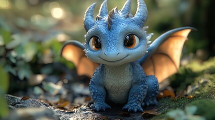 Obraz premium A cute blue dragon cartoon rendered in 3D against a forest backdrop.