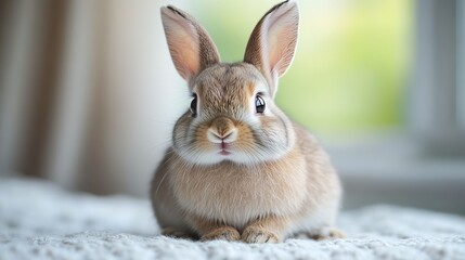 A cute gray bunny poses humorously on a white background.