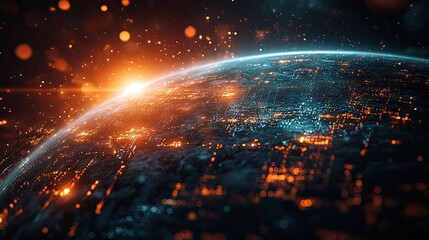 A dark background featuring a futuristic global digital technology depiction of Earth.