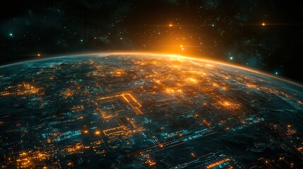 A dark background featuring a futuristic global digital technology depiction of Earth.