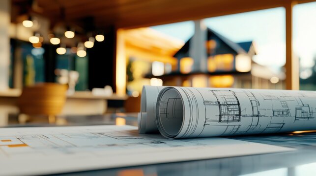 Architectural Blueprint Collection with 3D House Model on Marble Desk