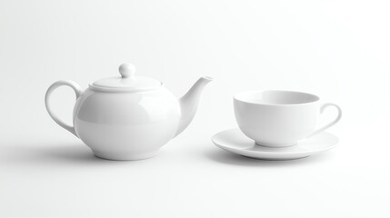 Teapot and cup set mockup, clean white background, minimalist product photography