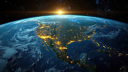 A detailed satellite view of North America shows deep space constellations.