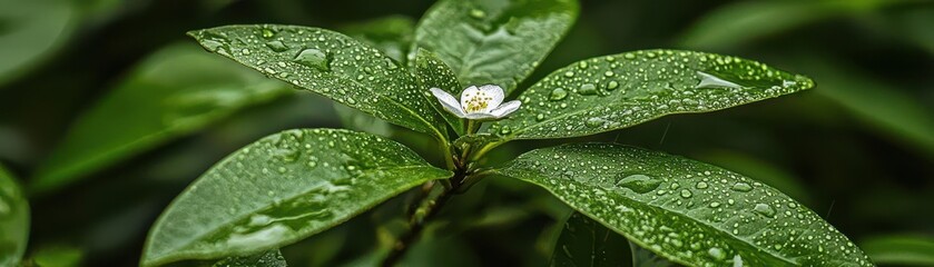 Dew-covered green leaves with a single white flower blooming, nature detail, spring growth