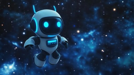 Adorable sci-fi robot floating in space, surrounded by stars and glowing nebula, perfect for Science Fiction Day with room for text