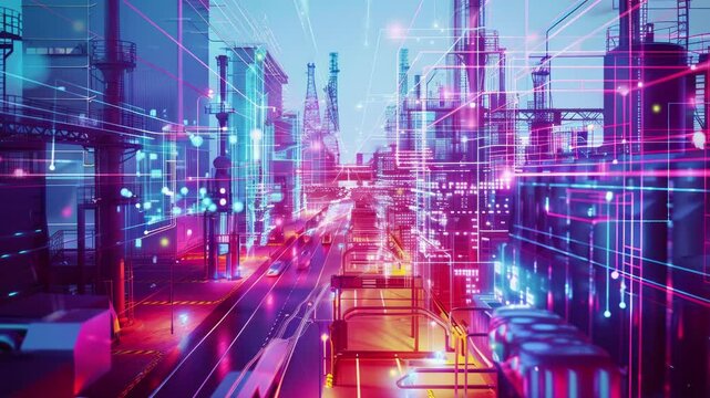 Modern industrial area aerial view and cloud computing concept. Communication network. Industry 4.0. Factory automation.