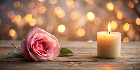 soft evening light illuminating lit candle and pink rose on wooden surface, bokeh background
