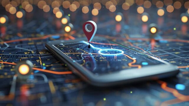 Concept of geofencing, featuring a digital map with virtual boundaries, a location pin, and a mobile device showcasing a geofencing app.	

