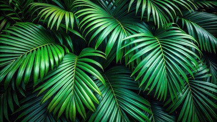 Tropical rainforest palm tree with dark green leaves