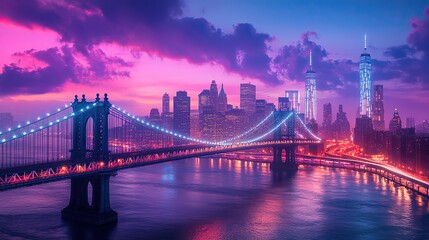 A digital wallpaper of the Manhattan Bridge in New York at dusk with USA lighting.