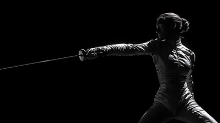 Full-shot photograph of a female fencer lunging forward, sword extended, body leaning, one leg bent, intense focus, solid black background, dramatic studio lighting casting sharp shadows,