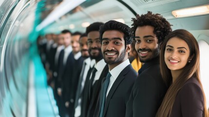 Obraz premium Multicultural group from Sri Lanka using hyperloop transportation system which represents the future of global transportation.