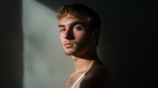 A serious looking man stands in the shadows looking at the camera wearing a white tank top transgender woman