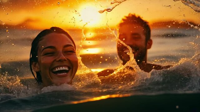 Couple laughing and splashing in the ocean at sunset.  Romantic beach scene full of joy and happiness. 
