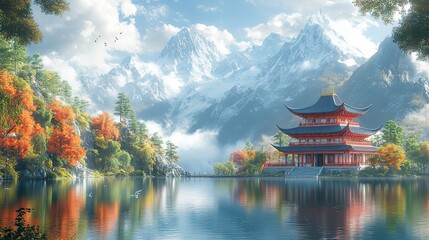 A fantasy depiction of a traditional Chinese building by a lake and mountain in a park setting.