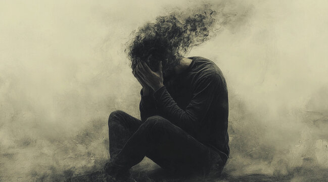 A sad man sits with his head in his hands depression sadness hopeless feeling father addiction wasting away.