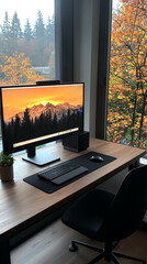 Fototapeta premium Modern workspace with sunset view