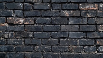 Obraz premium Wide panoramic view of old shabby black brick wall with grunge textures and dark masonry elements
