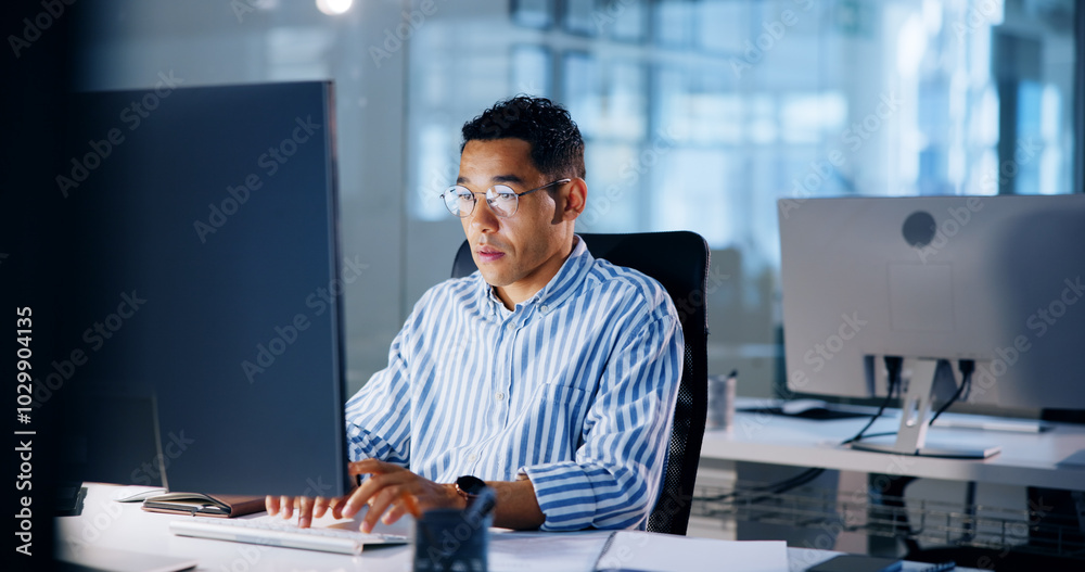 Poster typing, research and computer with business man in office for profit margin report, client review an
