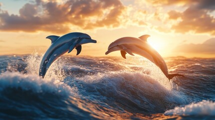 Dolphins leaping through the waves at sunset.