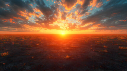 Fototapeta premium Fiery Sunset Over Grasslands Illustration
