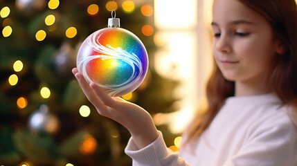 Fototapeta premium generated illustration of kid holding a rainbow christmas bauble