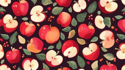 Fototapeta premium Pattern with whole and sliced red apples, colorful and fresh for design use