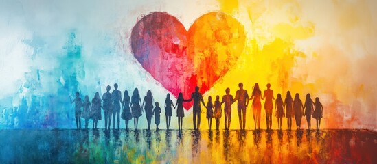 A group of people stand in silhouette in front of a large heart drawn in a watercolor style.