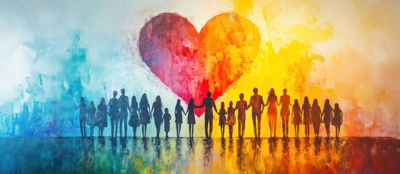 A group of people stand in silhouette in front of a large heart drawn in a watercolor style.