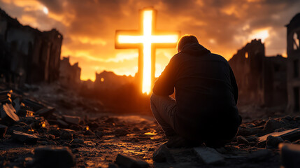 A silhouette of a person kneeling in ruins, with a glowing cross at sunset.
